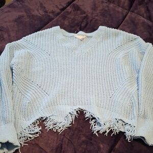 No Boundaries Light Blue V-Neck Fringe Knit Sweater